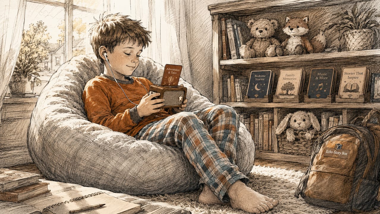 Child listening to family audio stories on device