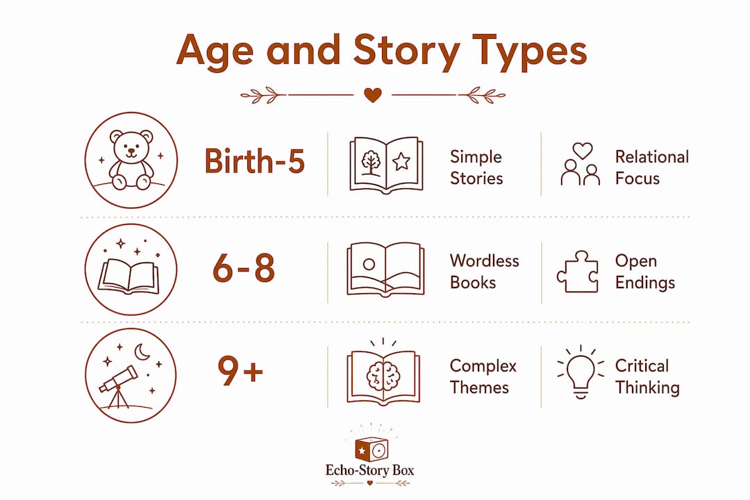 Infographic outlining values-driven story types by child age