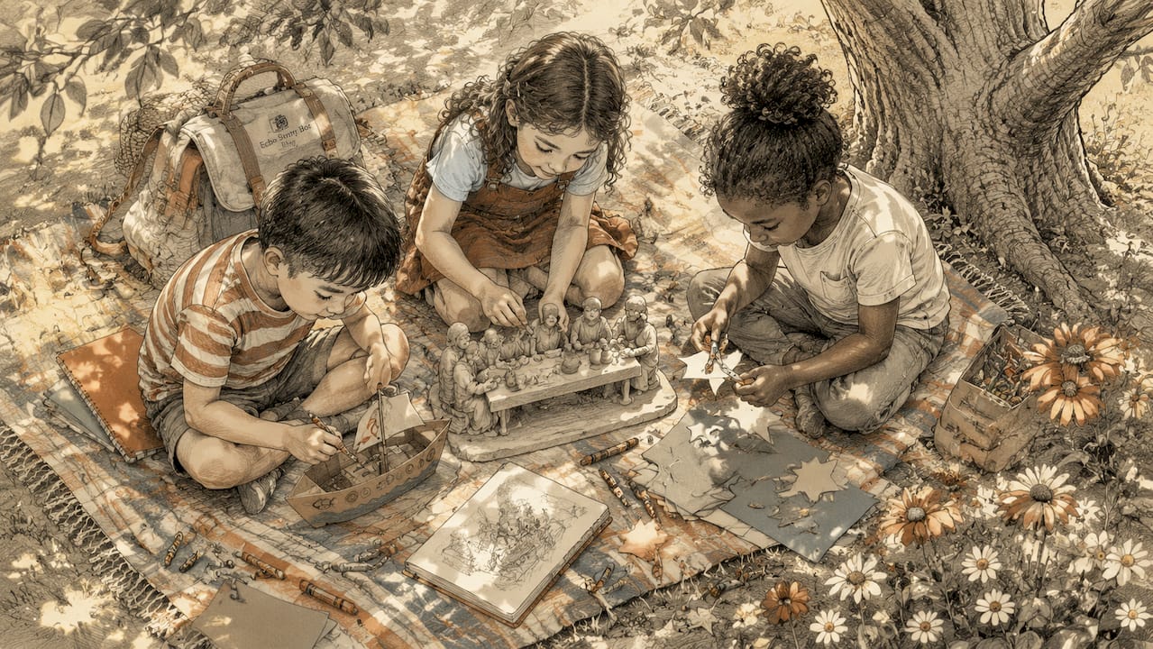 Children making gospel story crafts at kitchen table