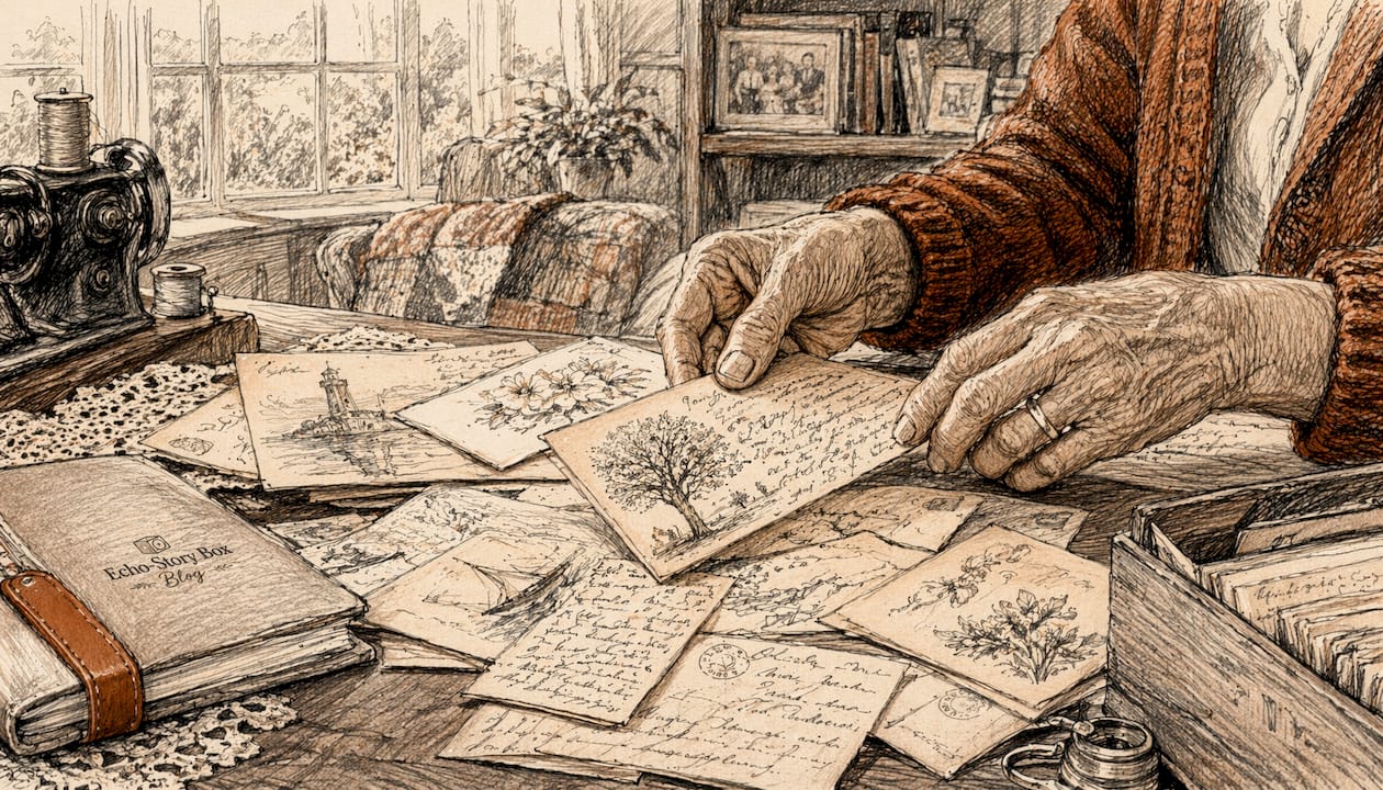 Elderly hands handling letters and drawings