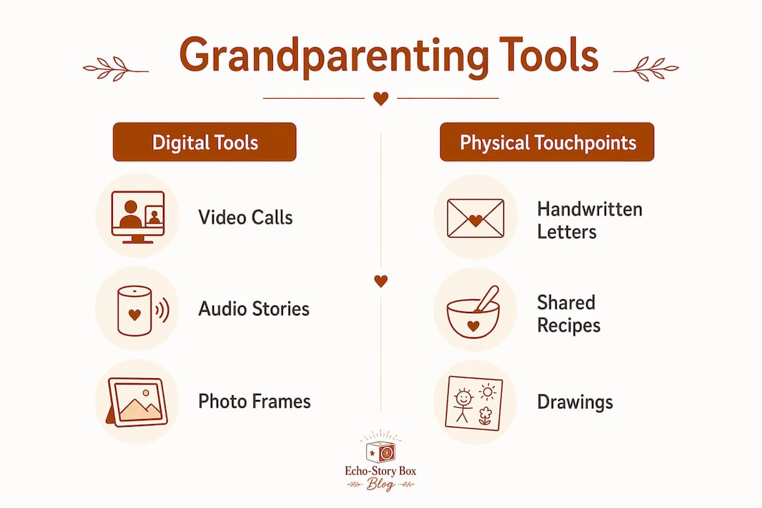 Infographic comparing digital and physical grandparenting tools