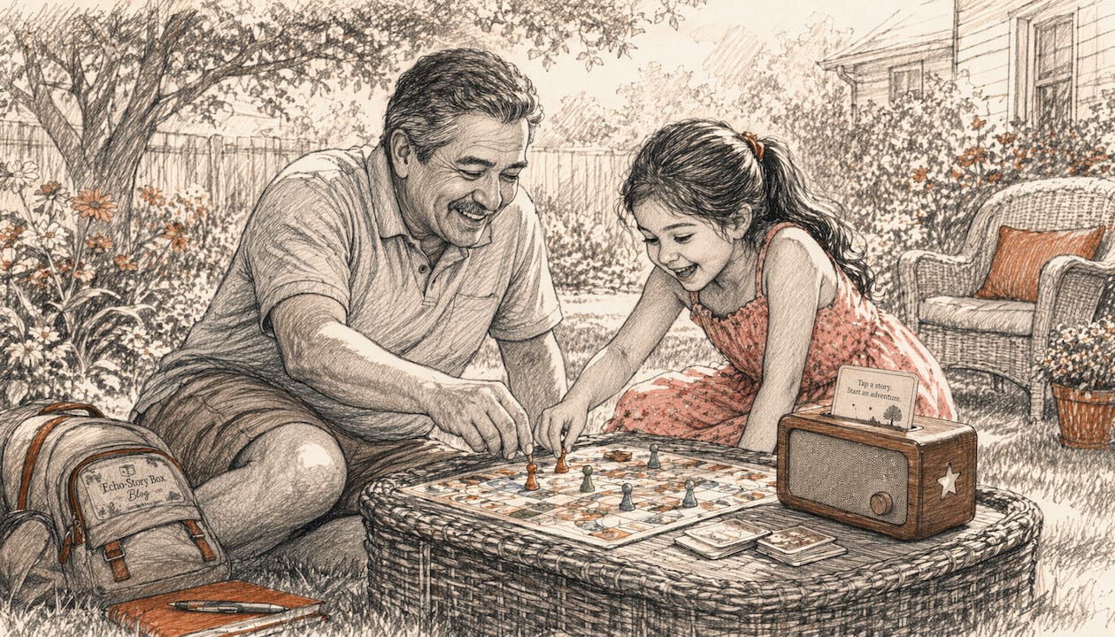 Grandfather and granddaughter playing board game outdoors