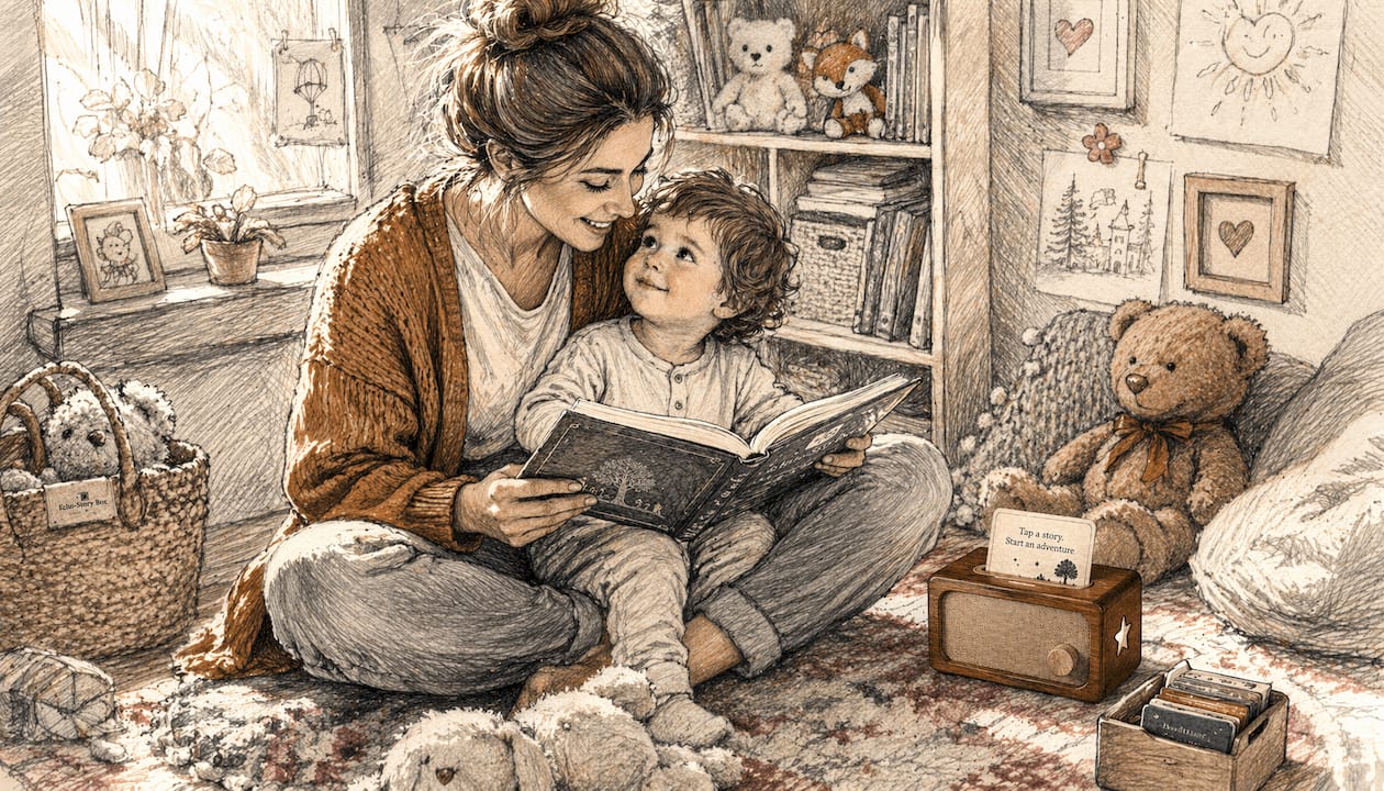 Mother reading aloud to toddler in nursery