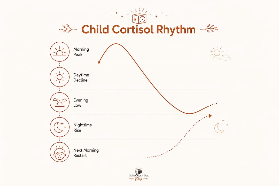 Infographic showing cortisol daily rhythm stages in children