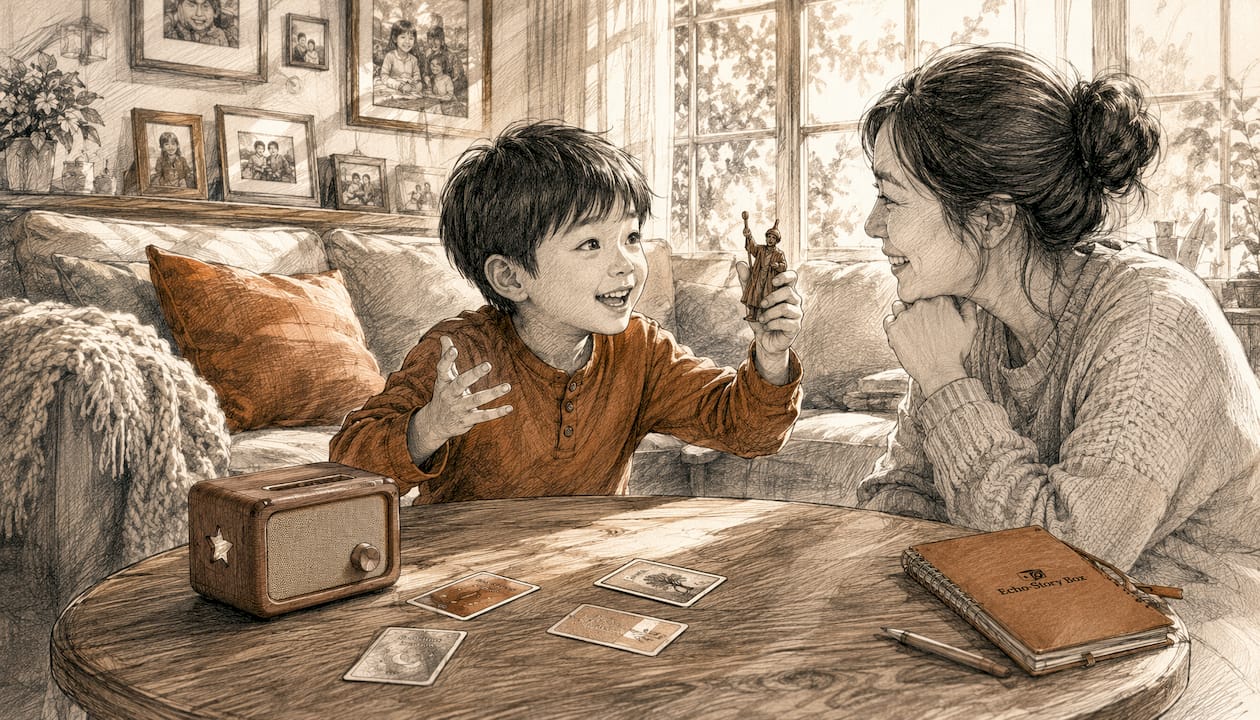 Boy engaged in storytelling with mother