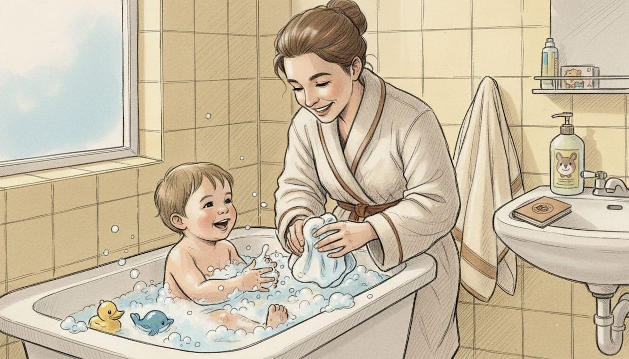 Toddler enjoying bath with parent nearby
