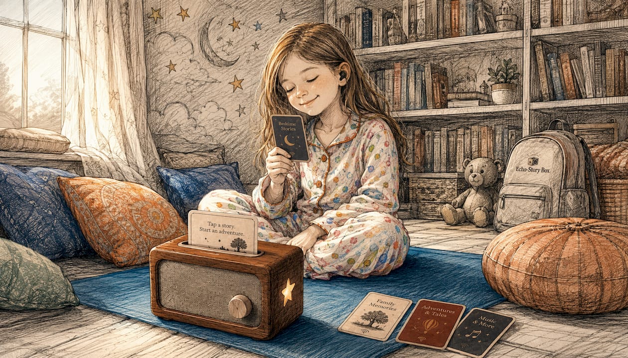 Girl imagining story listening to audio card