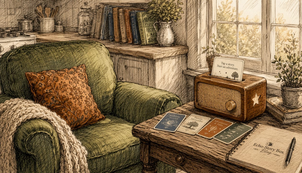 Cozy screen-free listening nook with audio storyteller