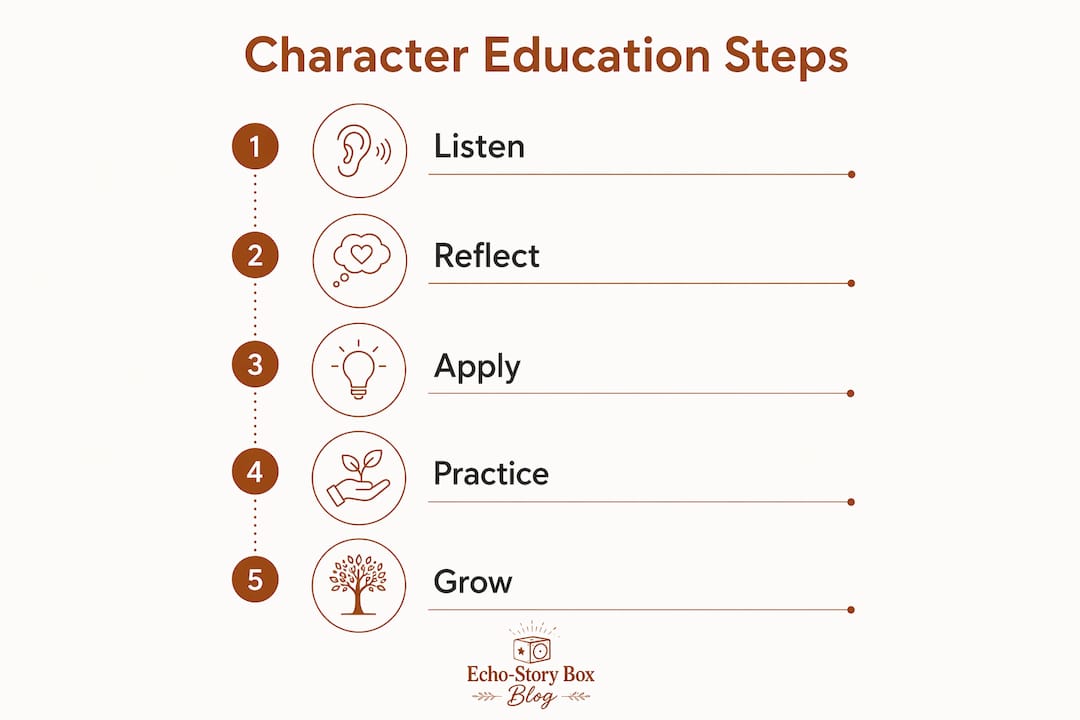 Infographic showing steps of character education through storytelling