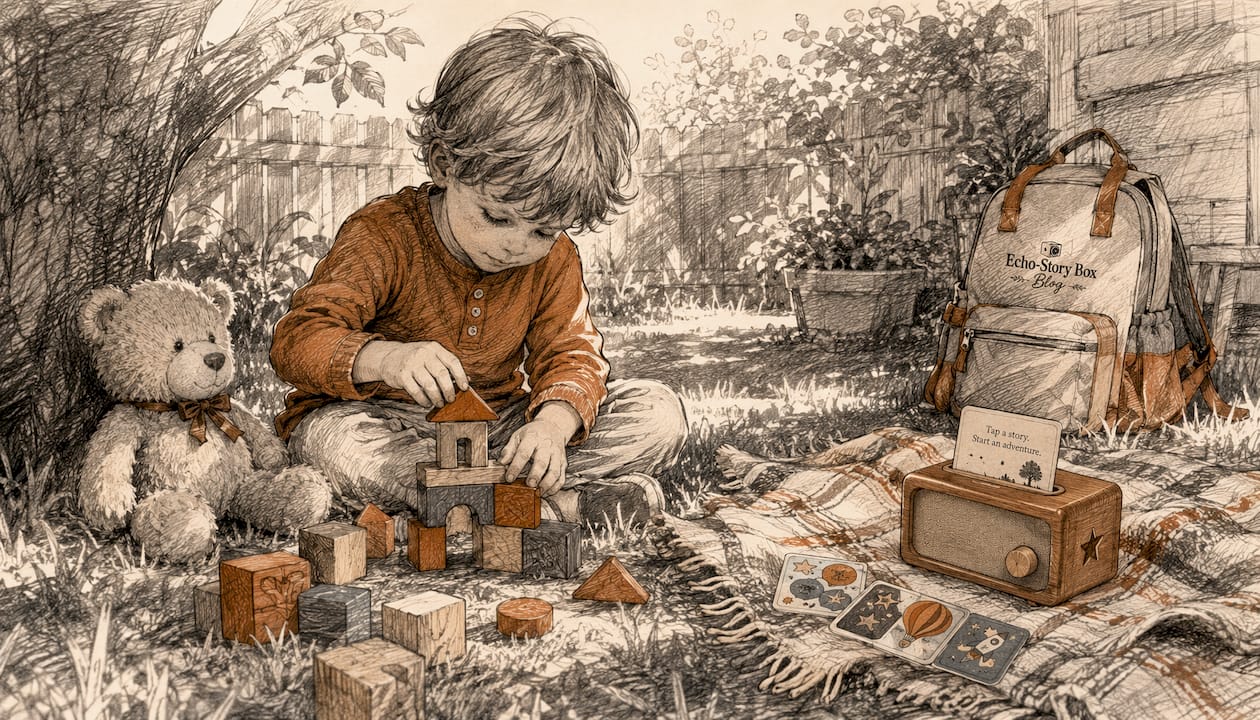 Child doing tactile puzzle and preparing audio story