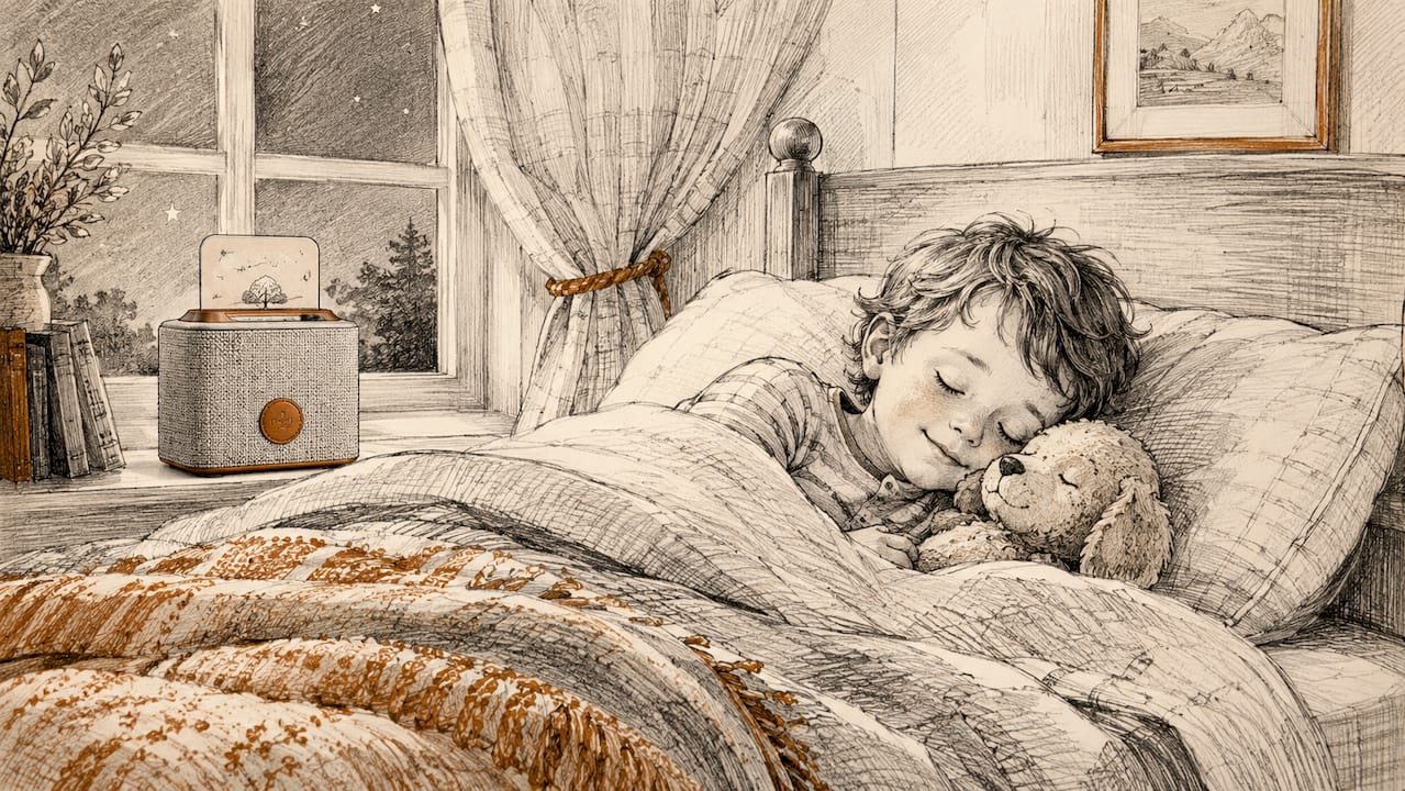 Child relaxing listening to bedtime audio story