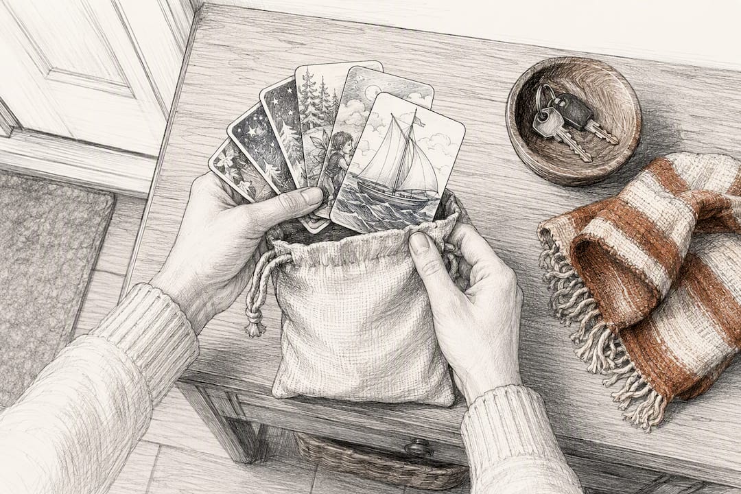 Hands packing story cards in bag