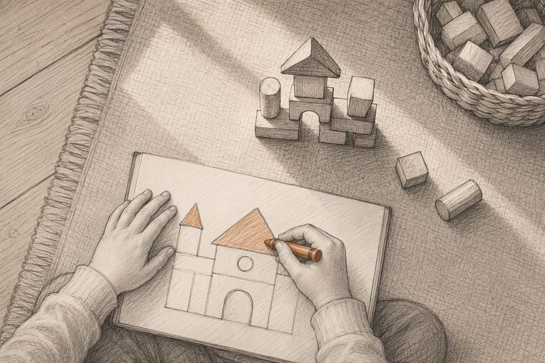 Child coloring beside wooden building blocks
