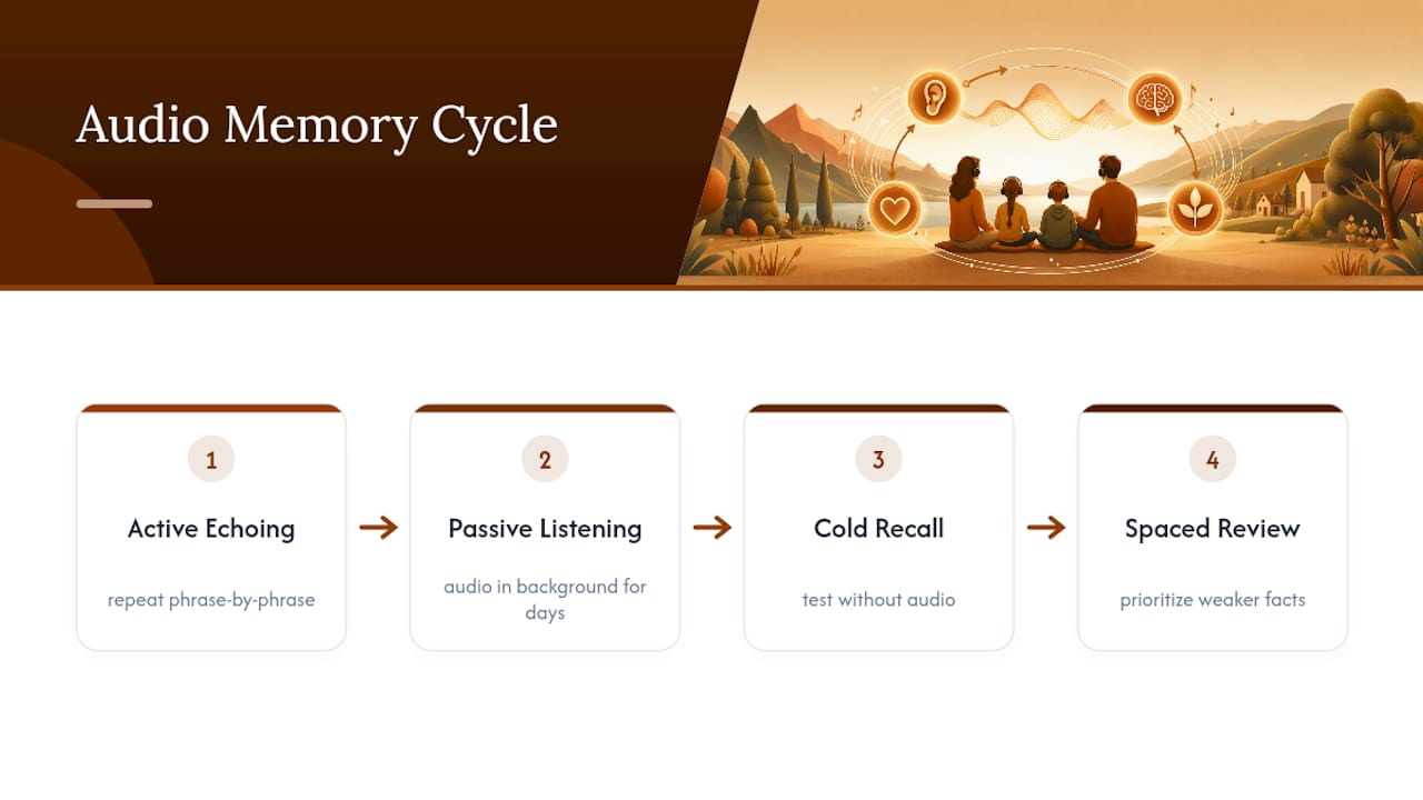 Four-stage audio memory practice cycle