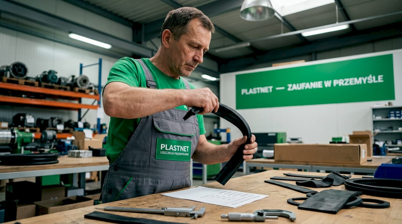 En tekniker kontrollerar ett prov av EPDM-tätning i verkstaden.