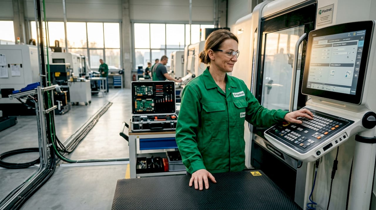 Operator powinien podłączyć się do maty antyelektrostatycznej znajdującej się przy konsoli CNC, aby zapobiec wyładowaniom elektrostatycznym.