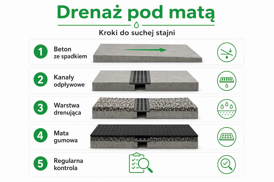 Pionowa infografika przedstawiająca 5 kroków skutecznego odprowadzania wody z mat podłogowych