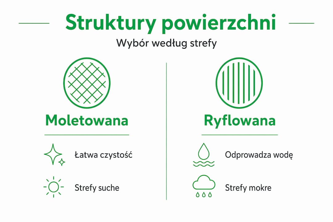 Porównawcza infografika prezentująca różnice między wykładzinami gumowymi: moletowaną a ryflowaną