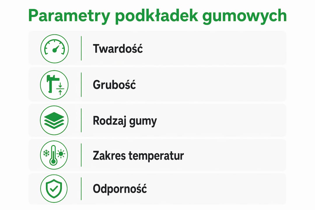 Grafika prezentująca najważniejsze cechy techniczne podkładek gumowych