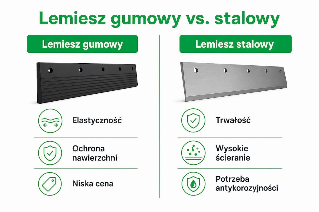 Porównanie lemieszy: gumowy czy stalowy? Przejrzysta infografika pokazuje najważniejsze różnice.