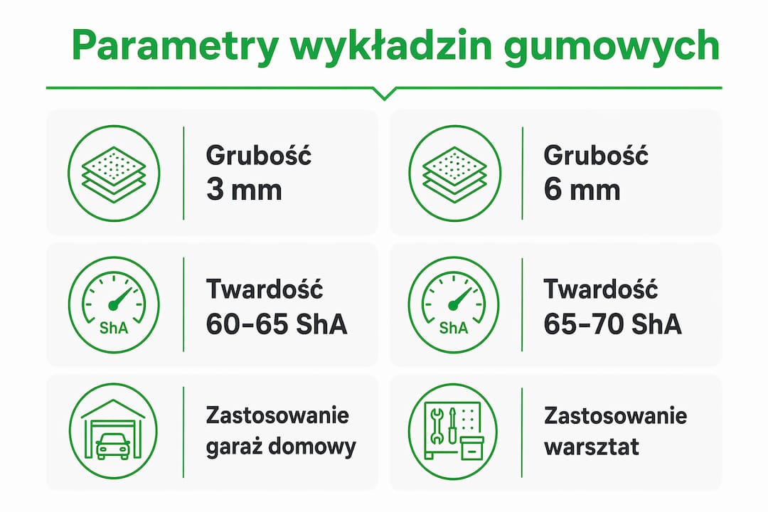 Grafika przedstawiająca porównanie grubości i stopnia twardości różnych wykładzin stosowanych w garażu.