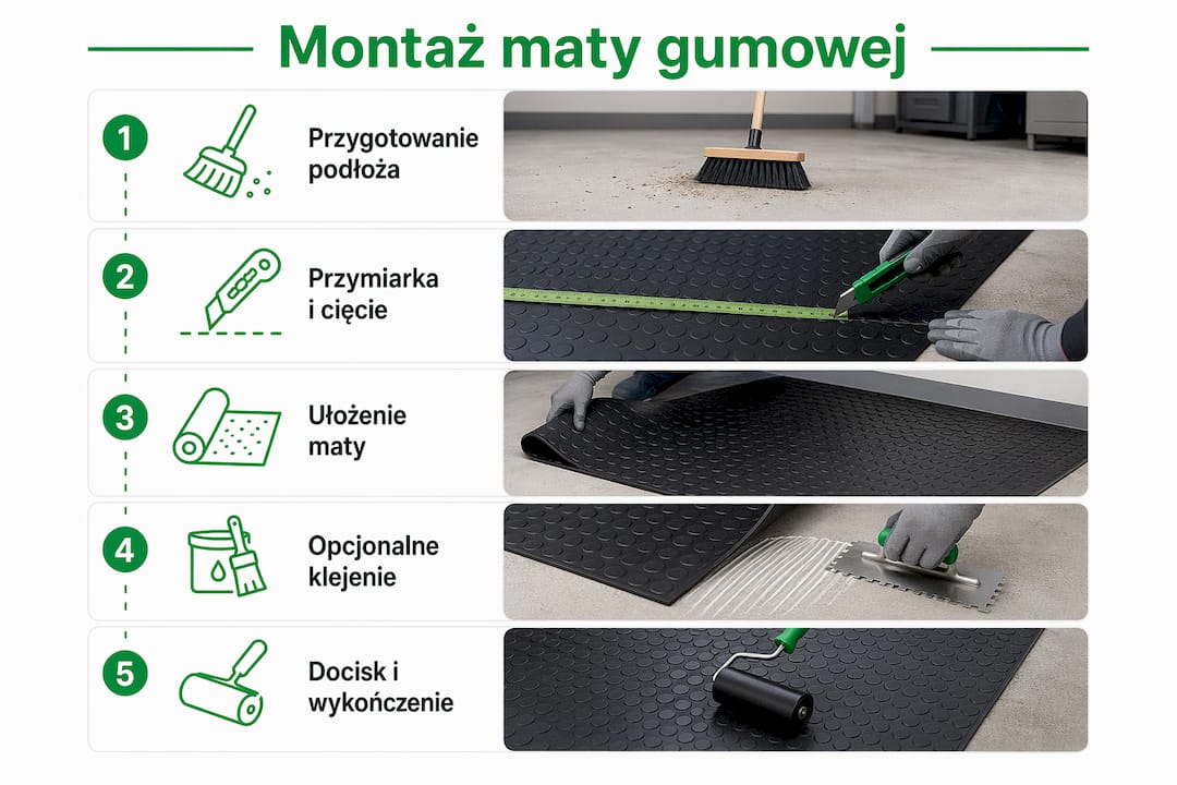 Infografika pokazująca, jak krok po kroku zamontować gumową matę w garażu