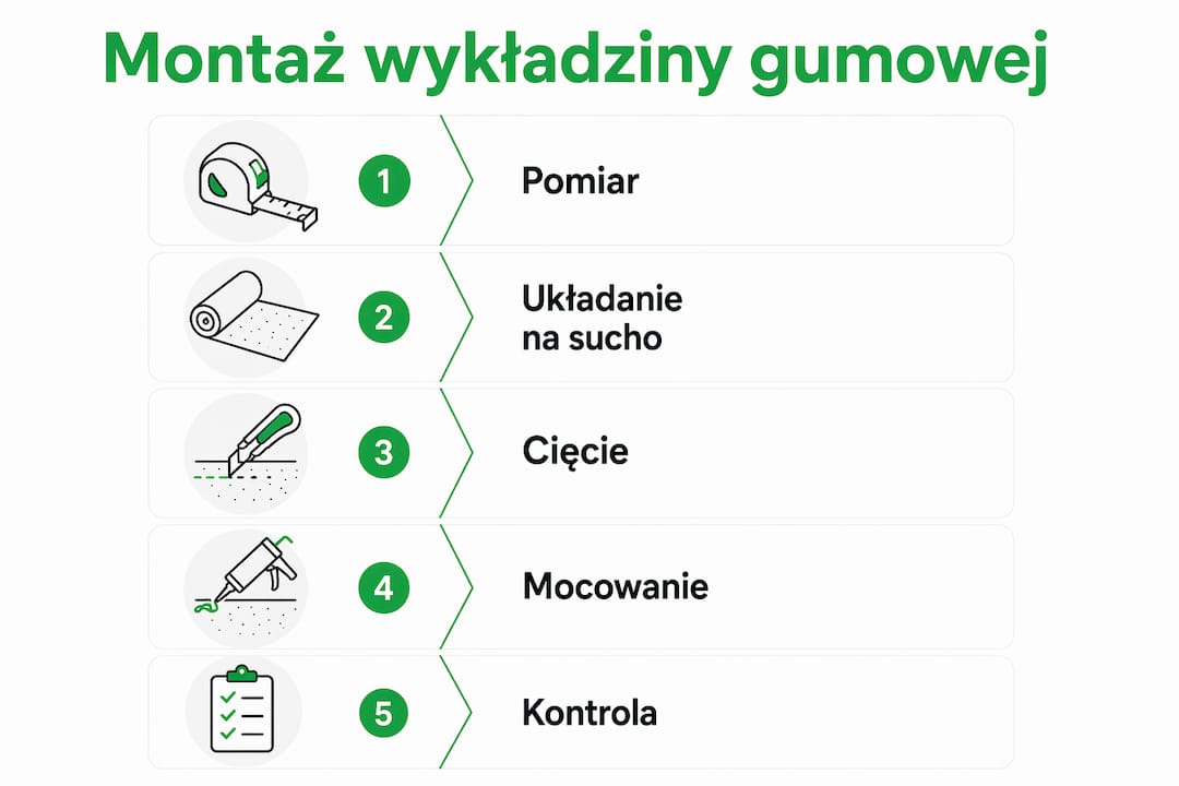 Praktyczna infografika pokazująca, jak krok po kroku prawidłowo położyć wykładzinę gumową
