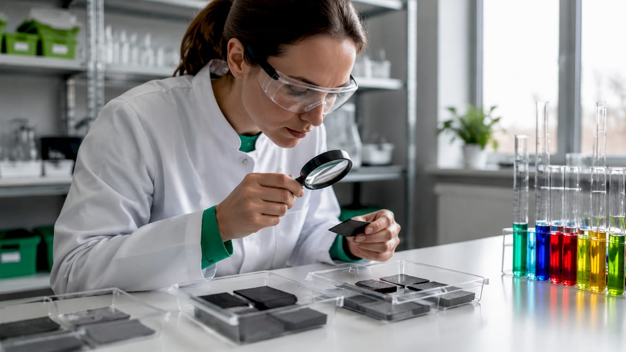 Inżynier chemii analizuje próbki gumy, sprawdzając ich właściwości.