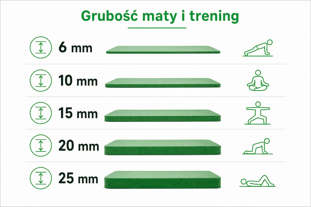 Praktyczna infografika podpowiadająca, jak dobrać odpowiednią grubość maty do rodzaju wykonywanych ćwiczeń