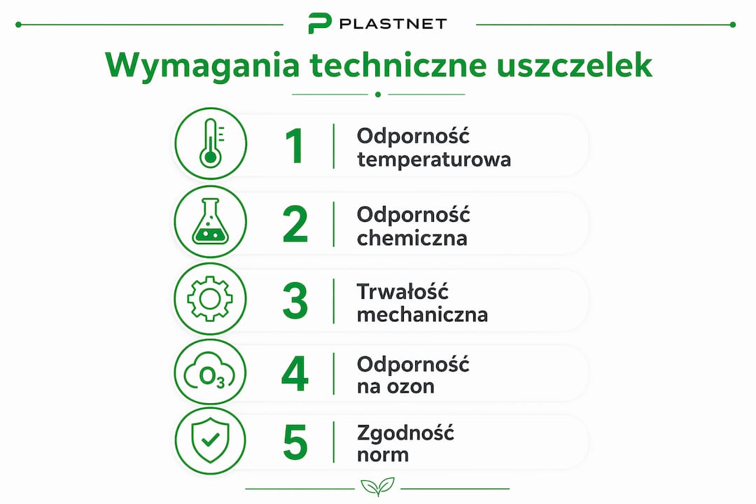 Infografika przedstawiająca kluczowe wymagania techniczne dla uszczelek stosowanych w chłodnictwie