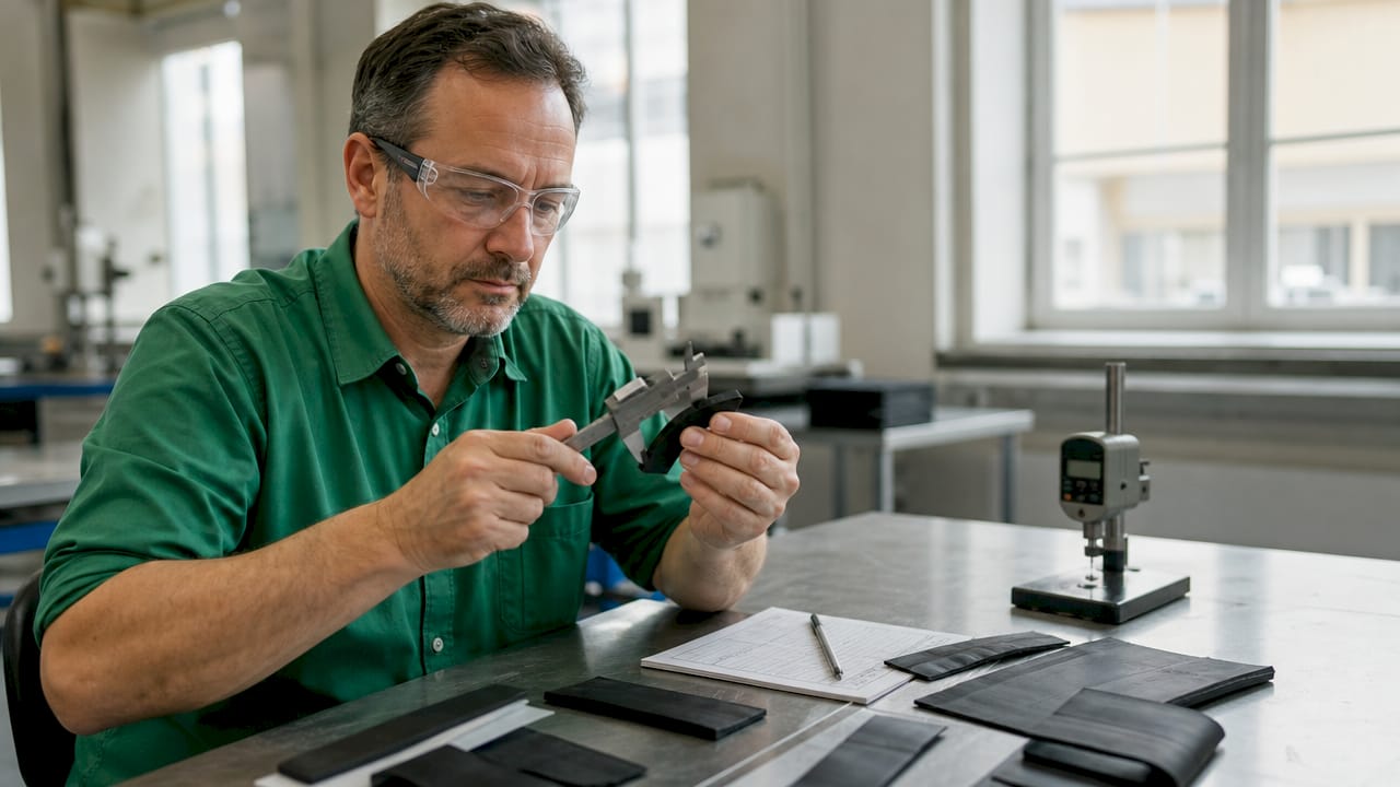 Technik dokładnie sprawdza próbki gumowych ostrzy w laboratorium.