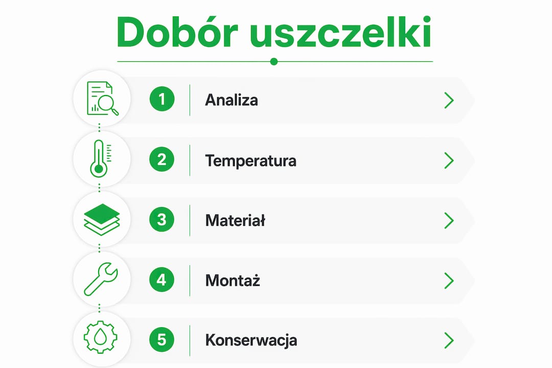 Infografika przedstawiająca krok po kroku, jak prawidłowo dobrać uszczelkę do chłodni