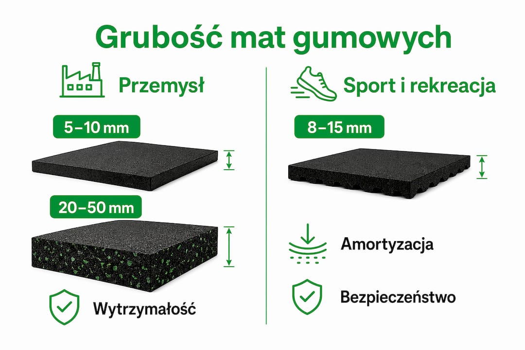 Grafika przedstawiająca zestawienie grubości mat gumowych wykorzystywanych w branży przemysłowej oraz w sportach.