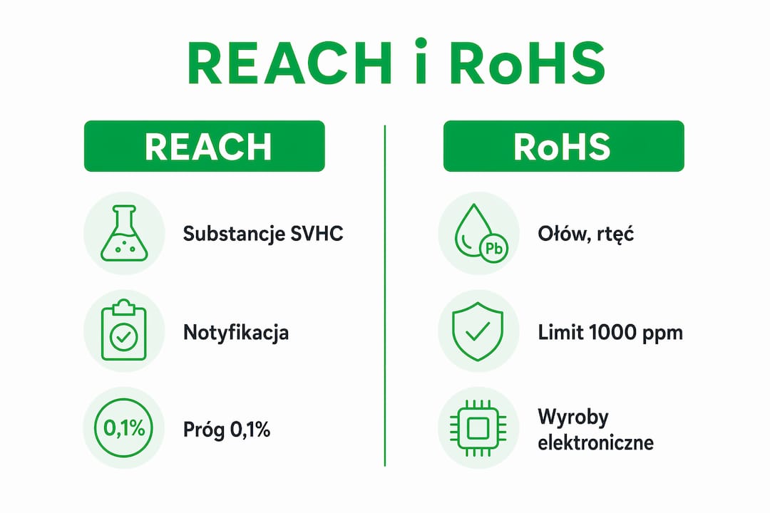Infografika przedstawiająca zestawienie wymagań norm REACH i RoHS w odniesieniu do płyt gumowych