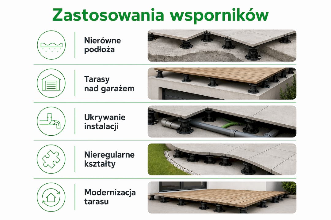 Praktyczne zastosowania regulowanych wsporników tarasowych – zobacz na infografice