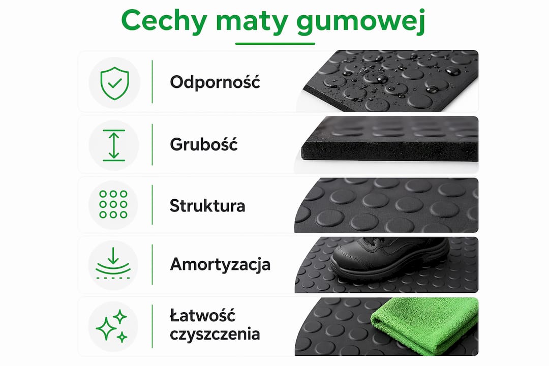 Infografika przedstawiająca najważniejsze właściwości maty gumowej