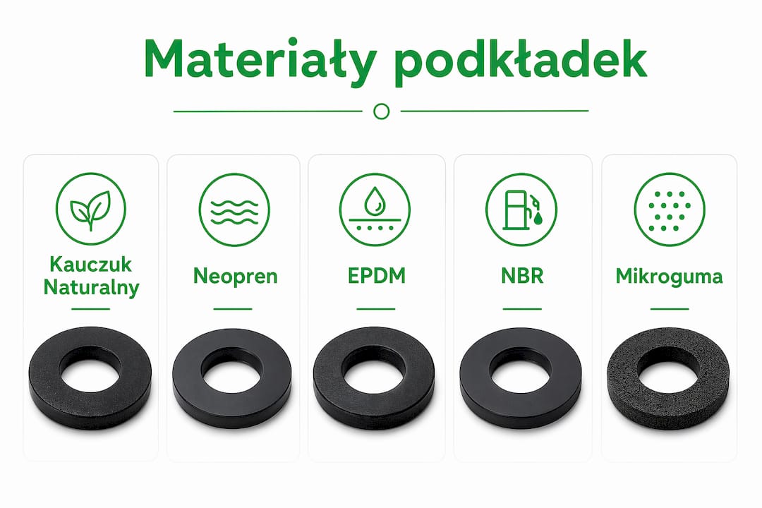 Grafika pokazująca różne rodzaje materiałów, z których wykonuje się podkładki tłumiące drgania.