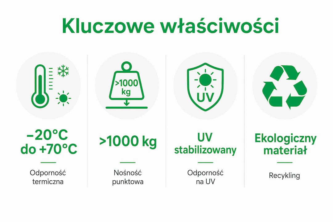 Grafika ilustrująca najważniejsze cechy wsporników wykonanych z materiałów pochodzących z recyklingu