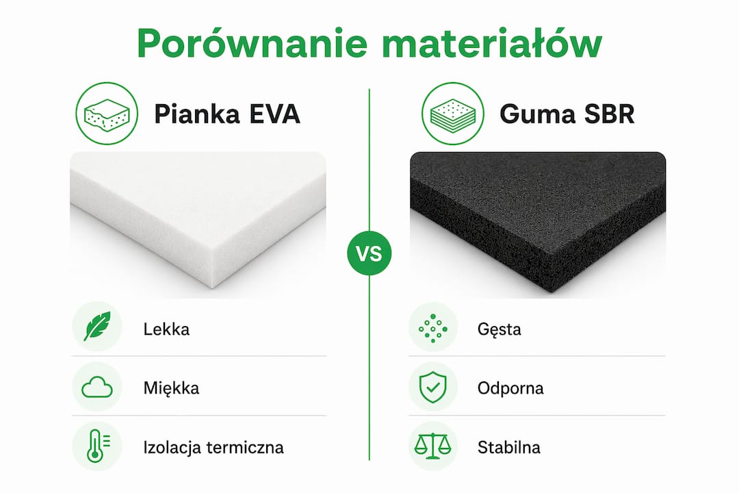 Porównanie mat EVA i gumowych w formie infografiki – zobacz najważniejsze różnice na pierwszy rzut oka.