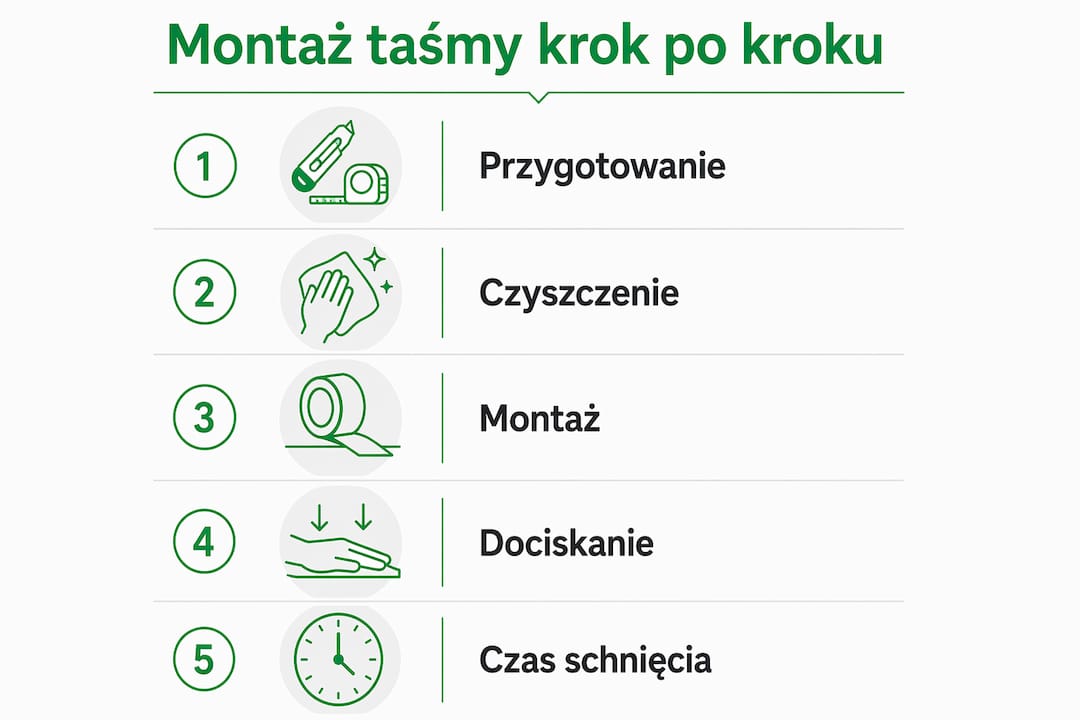 Infografika ilustrująca, jak krok po kroku prawidłowo zamontować taśmę antypoślizgową