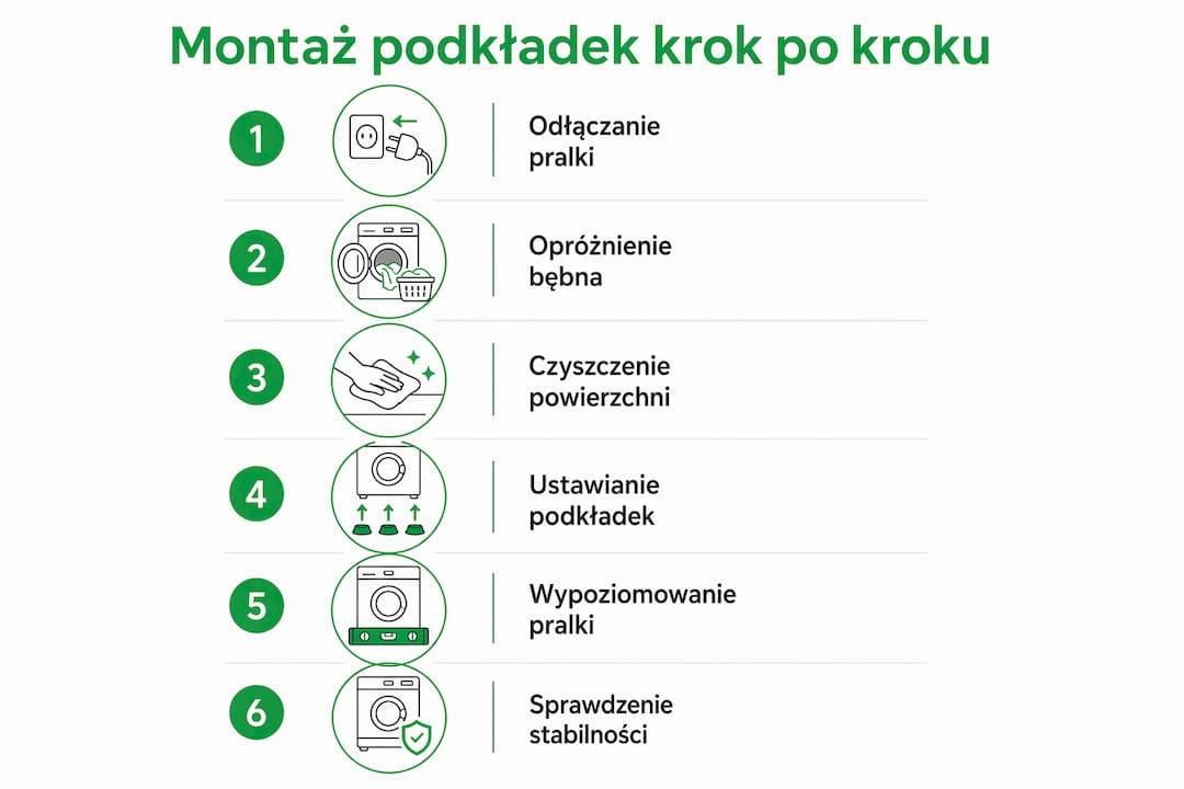 Infografika pokazująca, jak krok po kroku zamontować podkładki antywibracyjne pod pralkę.