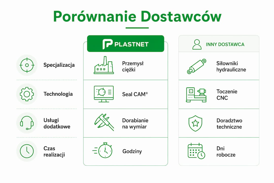 Grafika przedstawiająca zestawienie najważniejszych parametrów oferowanych przez różnych producentów uszczelnień.