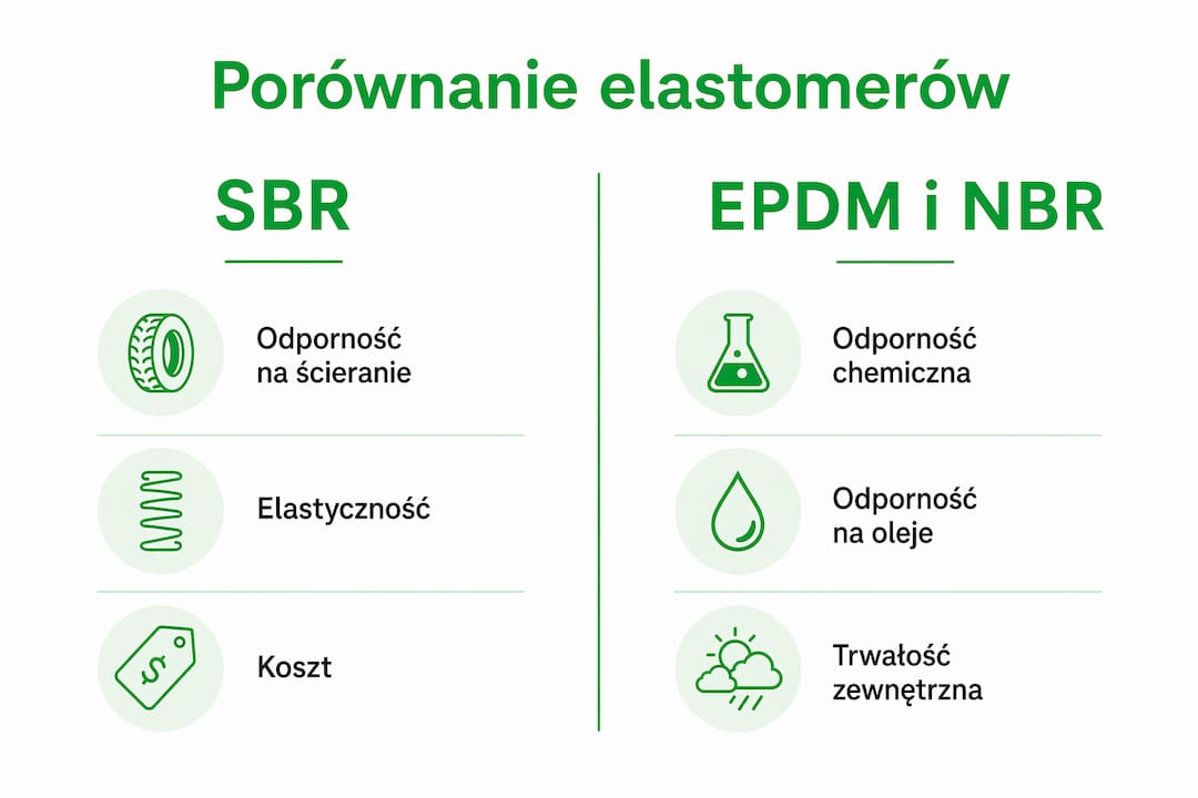 Grafika przedstawiająca zestawienie najważniejszych cech gum SBR, EPDM oraz NBR