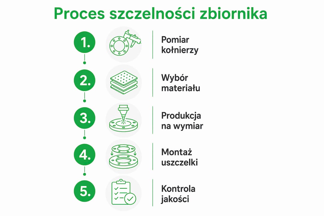 Grafika przedstawiająca krok po kroku, jak prawidłowo dobrać i zamontować uszczelkę.