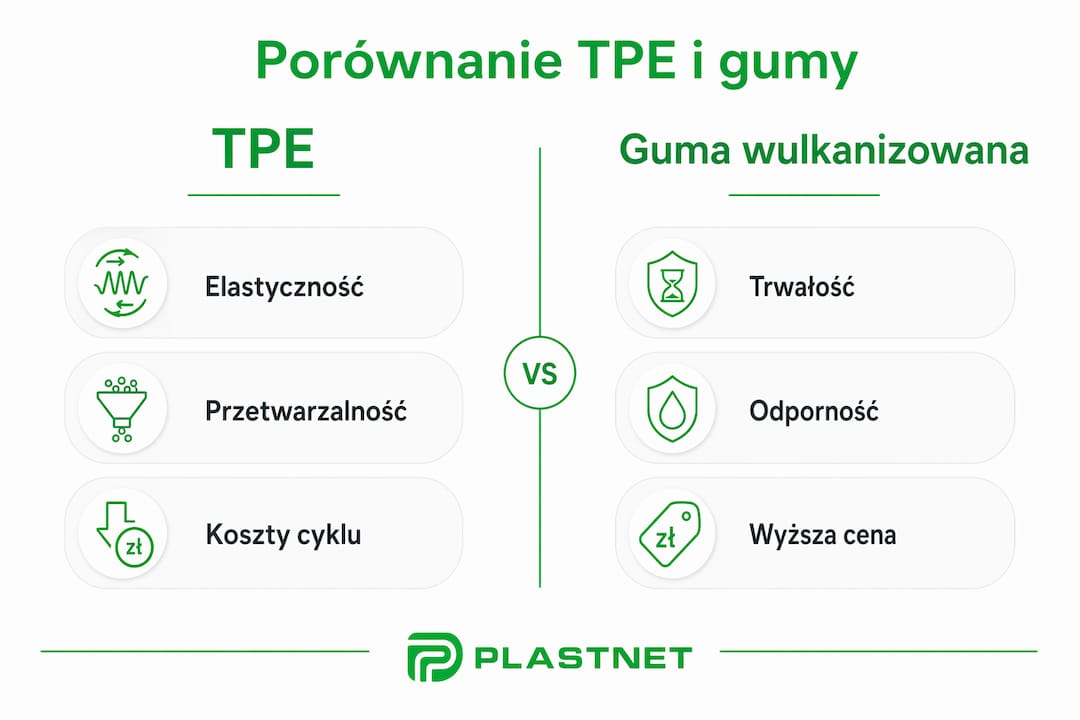 Grafika przedstawiająca zestawienie właściwości TPE oraz gumy wulkanizowanej
