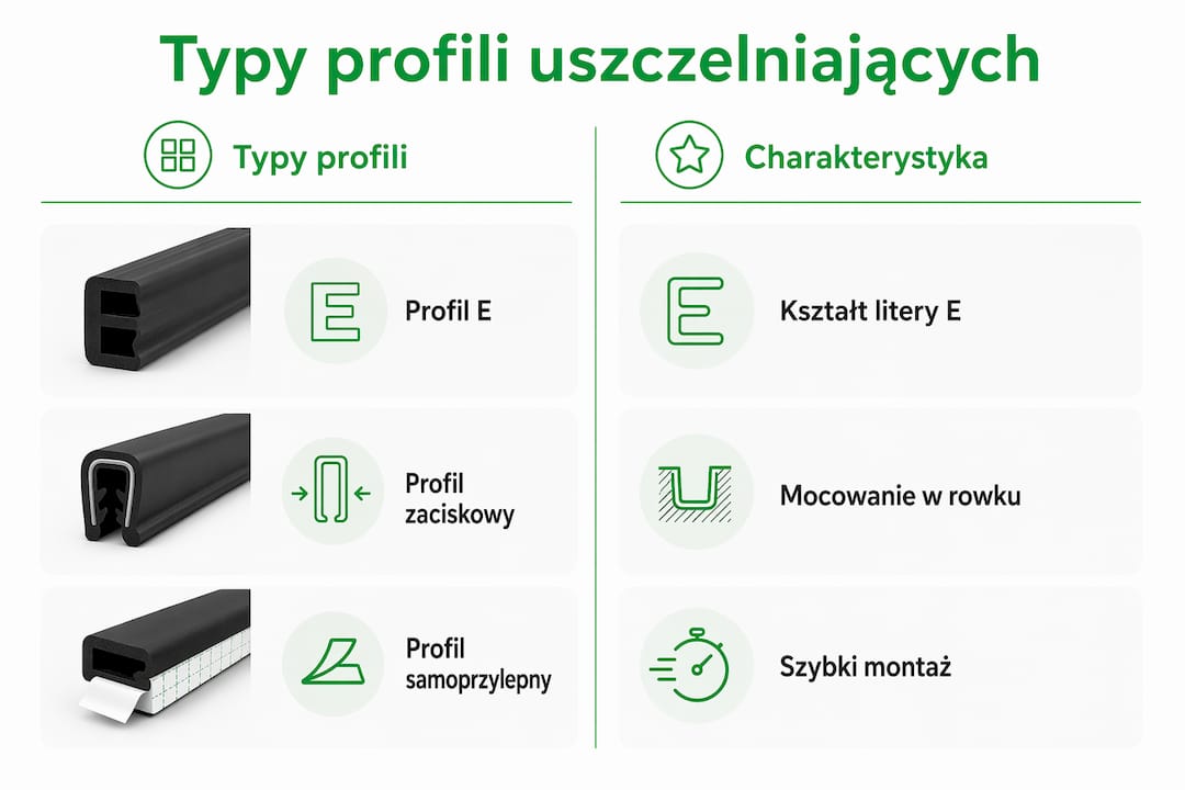 Grafika przedstawiająca różne rodzaje oraz charakterystyczne właściwości profili uszczelniających