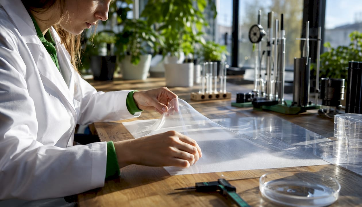 W laboratorium specjalista sprawdza próbkę silikonu, oceniając jej właściwości dotykiem.