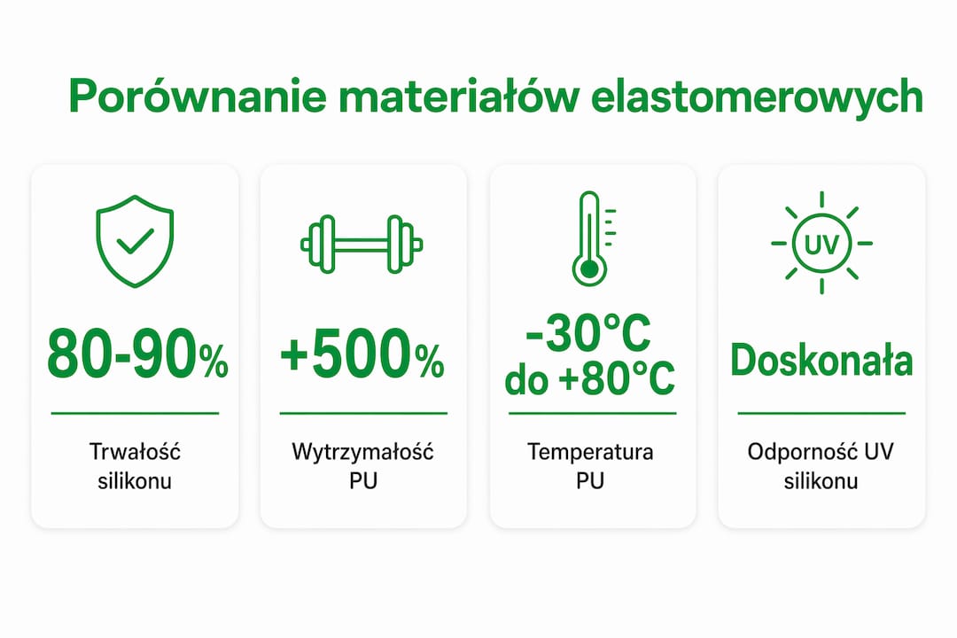 Porównanie właściwości gumy, silikonu oraz poliuretanu w formie czytelnej infografiki