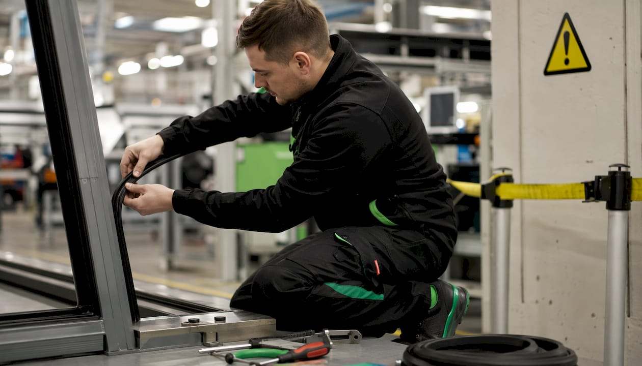 Pracownik montuje uszczelkę z gumy EPDM na hali produkcyjnej.