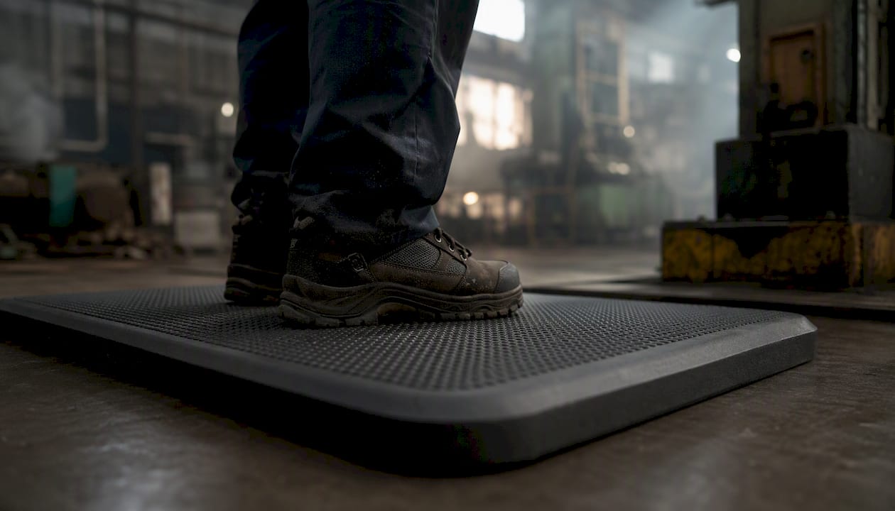 Buty robocze stoją na ergonomicznej macie, która zapobiega zmęczeniu nóg podczas pracy.